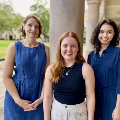 Three UQ researchers in the Great Court 